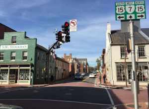 View west along Virginia State Route 7 Business (Market Street) at U.S. Route 15 Business (King Street) in Leesburg, Loudoun County, Virginia