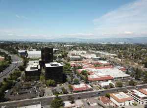 The three towers of the Pruneyard complex in Campbell, California, with CA-17 visible to the left and the Pruneyard shopping center to the right. The view is looking generally north.