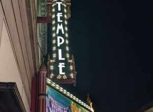 Detail of the marquee of the Temple Theatre in Saginaw, Michigan, from street level.