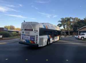 Taken from the Golden Gate Transit bus in Rohnert Park, Sonoma County Transit bus (operating as route 44) is turning left