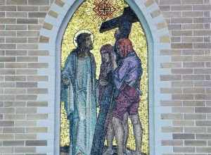 The second station of the stations of the cross in St. Joseph Cathedral in Baton Rouge, Louisiana.  The church is listed on the National Register of Historic Places.