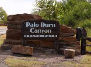 The park sign at the entrance to Palo Duro Canyon State Park in Randall County, Texas, United States.