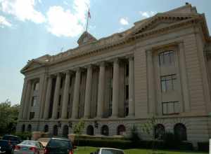 Front of the Weld County Courthouse, located at the intersection of Ninth Street and Ninth Avenue in Greeley, Colorado, United States.  Built in 1917, the courthouse is listed on the National Register of Historic Places.