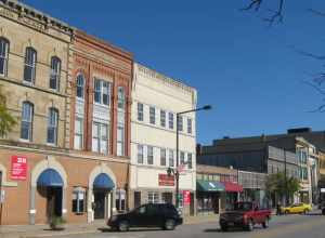 Buildings on the northern side of Broad Street between the East and Middle Avenue junctions in downtown Elyria, Ohio, United States.  This block is part of the Elyria Downtown-West Avenue Historic District, a historic district that is listed on the