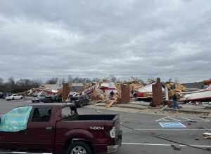 A strip mall, in Clarksville, Tennessee, that was completely destroyed by an intense tornado on December 9, 2023. The damage to the strip mall was rated EF3 with winds estimated at 140 miles per hour (230 km/h).