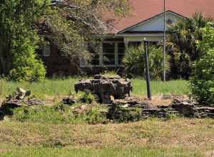 The rock fountain at the entrance to Eddingston Court in Port Arthur, Texas, United States. The fountain is a sculpture by Dionicio Rodriguez.