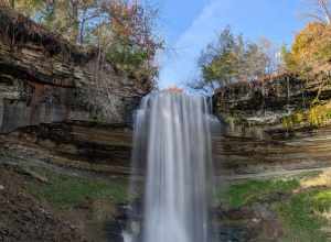 A long-exposure shot of the Minnehaha Falls in Minneapolis, Minnesota.  This is about a mile or so, before the Minnehaha Creek joins the Mississippi River.
