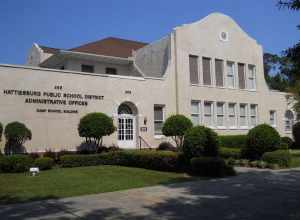 Oaks Historic District. Hattiesburg Public School Administration Building (Hattiesburg Public School District) at 301 Mamie Street, Hattiesburg, MS.  Formerly Camp Elementary School, built circa 1907.  Located in Oaks Historic District.