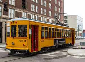 Memphis' MATA Trolley car 453 southbound on South Main Street at Dr. Martin Luther King Jr. Avenue. Car 453 is a double-truck Birney replica built in 2004 by the Gomaco Trolley Company.