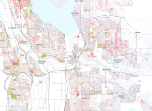 Map of the distribution of races and ethnicities in US cities, inspired by similar maps created by Dustin Cable and others.
Blue is White, Green is Black, Red is Asian, Orange is Hispanic, Purple is Multiracial, and Brown is Native American/Other.