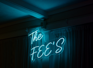 The Fee’s Wedding Neon Sign – A 36-inch (W) x 20-inch (H) ice blue neon sign displayed at Logan &amp; Benny’s wedding in Michigan, USA.