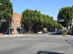 Looking east at the intersection of Main Street and El Camino Real, Tustin, Orange County, California.