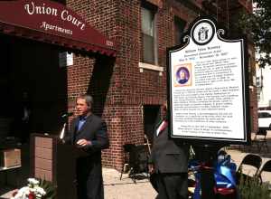 Dedication ceremony in Union City, New Jersey for a historical marker honoring painter William Ranney, who lived in Union City (when it was formerly West Hoboken), September 18, 2010. The marker, which is the fourth one Union City has dedicated for