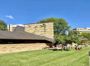 Built in 1949-1951, this Modern building was designed by Frank Lloyd Wright and Marshall Erdman to house the First Unitarian Society of Madison, utilizing a strong emphasis on the geometry of triangles in its design.  The First Unitarian Society of