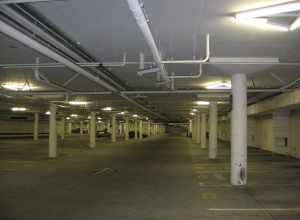 The underground parking garage beneath the San Mateo (Caltrain station) in downtown San Mateo, California, USA.