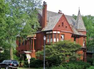 The Simeon Farwell House, part of the Evanston Lakeshore Historic District (1890). The 1890 Queen Anne was designed by John M. Van Osdel. Farwell was born in Campbelltown, NY in 1831, a descendent of Henry Farwell, a founder of Concord, MA. He moved