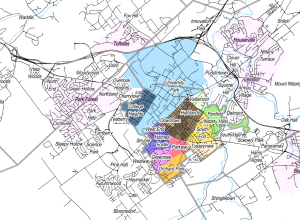 Neighborhoods of State College and surrounding townships (College, Ferguson, Harris, Patton) and CDPs Lemont, Houserville, Boalsburg, Park Forest, Toftrees, Park Forest.