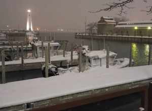 Two U.S.B.P. SAFE Boats in their boat-wells on the Detroit River during a winter snow storm in 2016