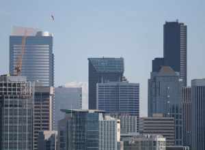 Seattle: Two Union Square on the left and Columbia Center on the right. Mount Rainier barely visible in the background.